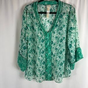Chico's Teal Floral Sheer Blouse size: 1